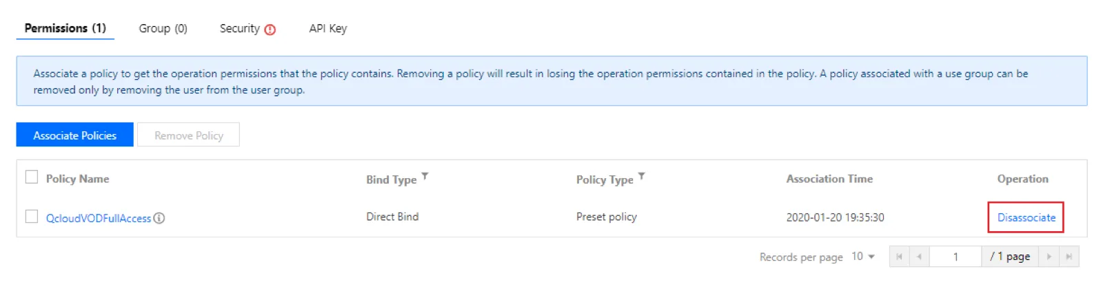 User Detail 페이지에서 Permission 항목 버튼을 클릭하고 프리셋 정책 QcloudVODFullAccess를 찾아 정책 연결(Associate/Authorize)을 실행합니다. 는 권한 해제이므로 선택하지 않습니다. 화면