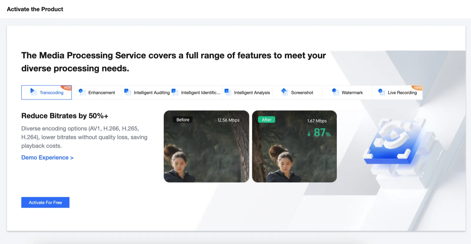 Tencent Cloud 공식 웹사이트에 로그인 하고, (MPS 서비스 페이지)(https://www.tencentcloud.com/products/mps?from_qcintl=topnav)에 접속하여 Get Started를 눌러 콘솔에 들어가 서비스를 활성화 하세요. 화면