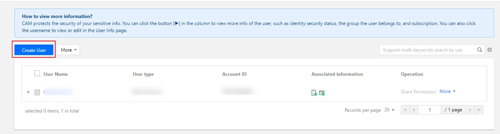 CAM Console에서 루트 계정으로 User List 페이지에 접속한 후, Create User를 클릭하세요. 화면