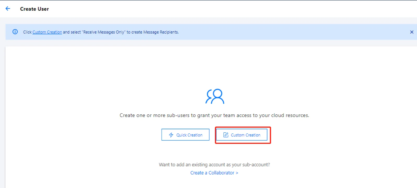 Create User 페이지에서 Custom Creation을 선택하세요. 화면