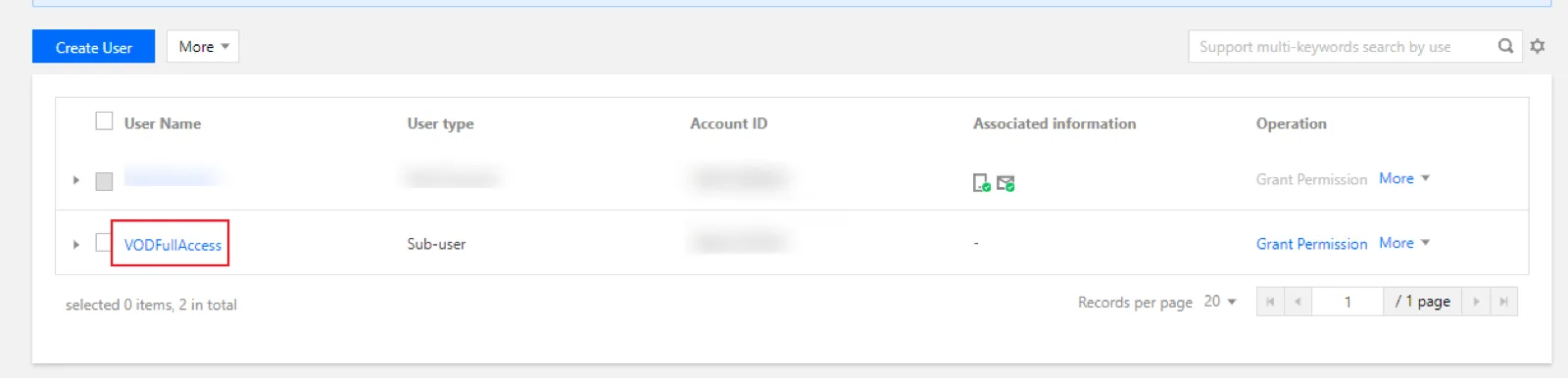 루트 계정으로 CAM Console 페이지에 접속하여 User List에서 권한 부여하고자 하는 서브 계정을 선택해주세요. 화면